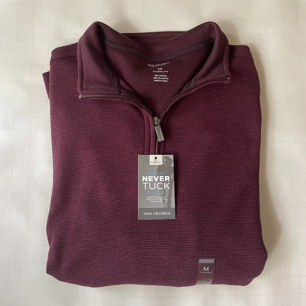 NWT Men's Van Heusen Maroon Never Tuck 1/4 Zip Pullover Sweater Size M